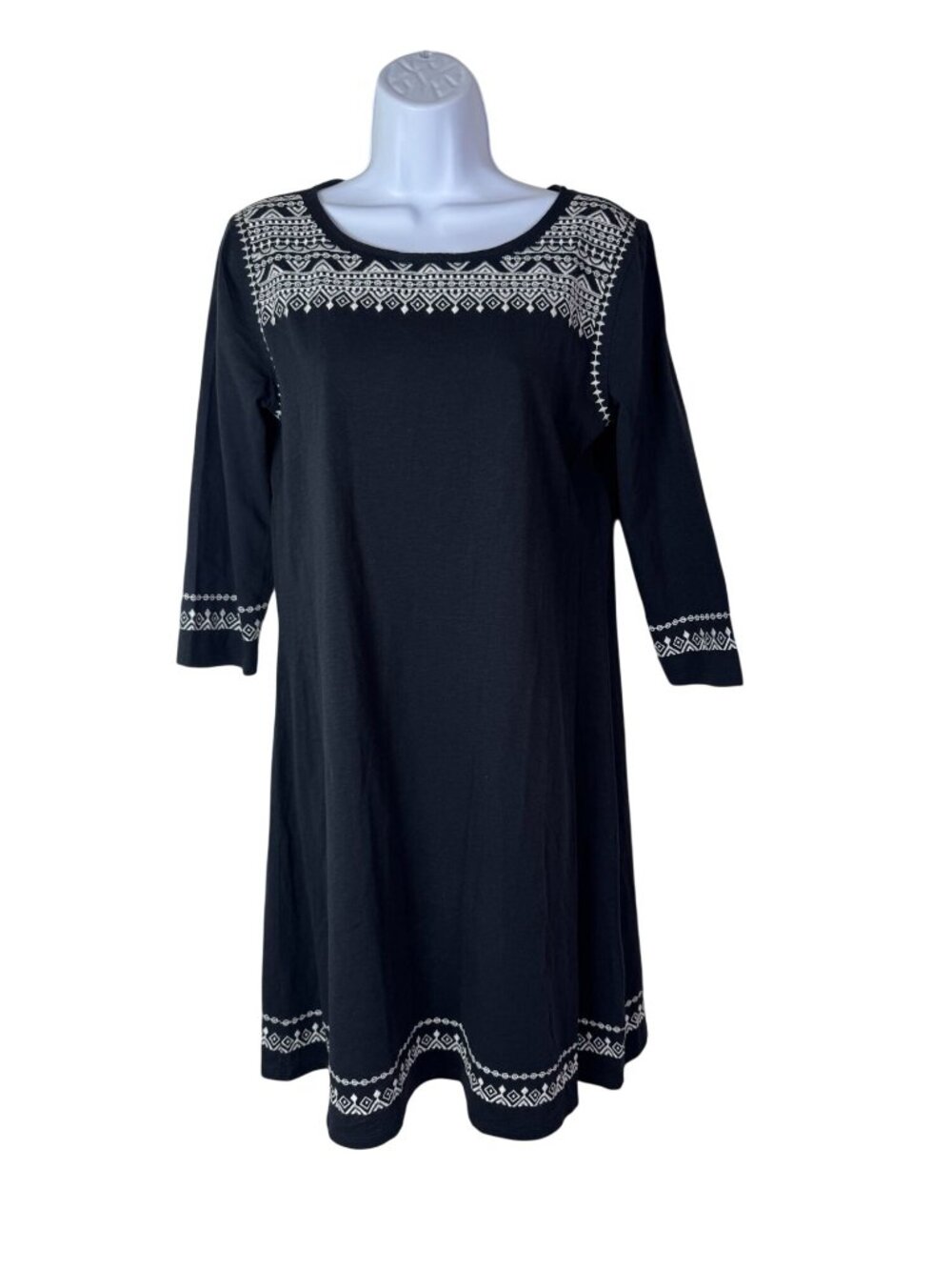Garnet Hill Organic Cotton Black Dress Embroidery 3/4 Sleeves Women Size Small